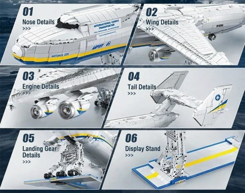 Szczegóły konstrukcji klocki podwozie ładownia dziób i stojak ekspozycyjny Antonow An-225
