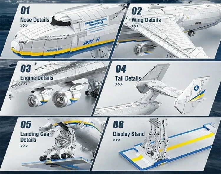 Szczegóły konstrukcji klocki podwozie ładownia dziób i stojak ekspozycyjny Antonow An-225