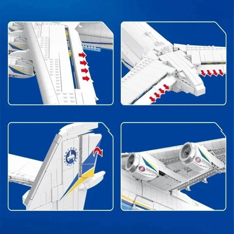 Ruchome klapy skrzydeł stery ogonowe i silniki odrzutowe w klockach Antonow An-225