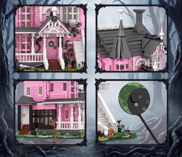 Zbliżenie na detale elewacji ganek dach i ozdoby gotyckiego domu Pink Castle