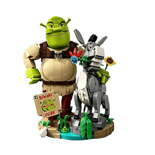 Zestaw klocków Shrek i Osioł elementy bagna i tabliczka Beware Ogre