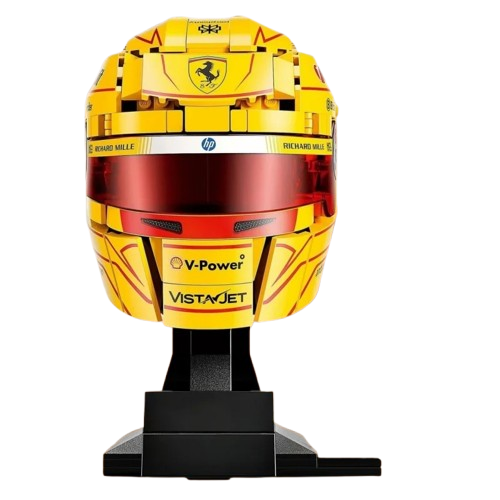 Żółty kask wyścigowy F1 z klocków model 884 elementy na podstawce wymiary 18 cm