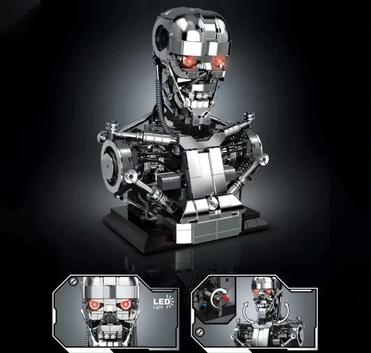 Model robota Terminator T-800 z klocków z zaznaczonym podświetleniem LED oczu i obrotową głową
