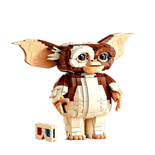 Klocki figurka Gizmo z filmu Gremlins z okularami 3D na białym tle