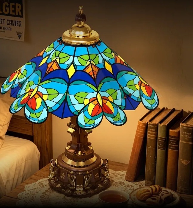 Włączona podświetlana lampka nocna z klocków na szafce przy łóżku w sypialni