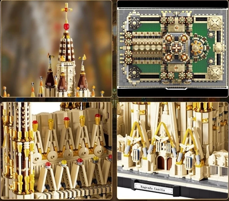Detale i wykończenie wież oraz wnętrza bazyliki Sagrada Familia zbudowanej z klocków