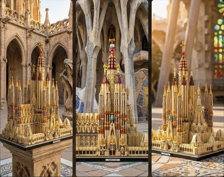Model bazyliki Sagrada Familia z klocków widok z przodu z boku i z tyłu