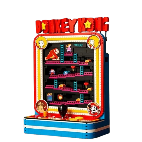 Retro automat arcade z klocków ujęcie z boku na panel sterowania i grafikę